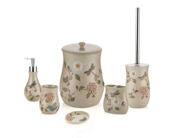 Porio Pr79-1008-Cream Dragonfly Patterned 6-Way Bath Set